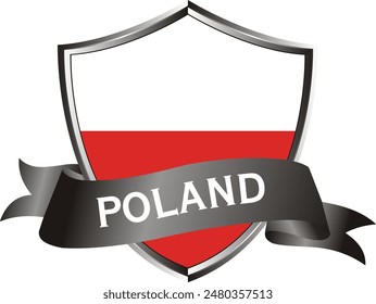 Flag of poland as around the metal silver shield with poland flag