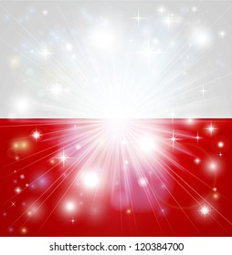 Flag of Poland background with pyrotechnic or light burst and copy space in the centre