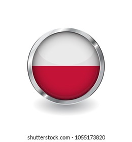 Flag of poland, button with metal frame and shadow. poland flag vector icon, badge with glossy effect and metallic border. Realistic vector illustration on white background.