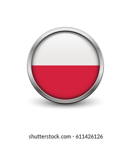 Flag of Poland, button with metal frame and shadow