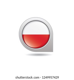 Flag of Poland, button with the reflection of light and shadow, gray frame, Icon country. Realistic vector illustration on white background.