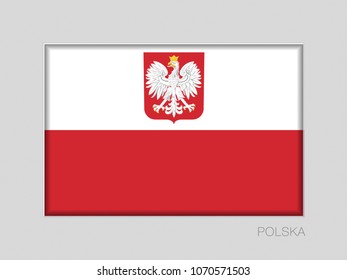 Flag of Poland with Eagle. National Ensign Aspect Ratio 2 to 3 on Gray Cardboard. Written in Polish