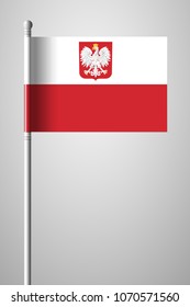 Flag of Poland with Eagle. National Flag on Flagpole. Isolated Illustration on Gray Background