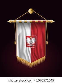 Flag of Poland with Eagle.Festive Vertical Banner. Wall Hangings with Gold Tassel Fringing