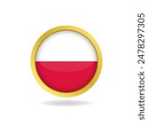 Flag of Poland with golden frame circle round glossy button vector design