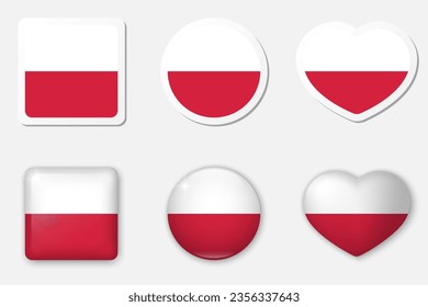 Flag of Poland icons collection. Flat stickers and 3d realistic glass vector elements on white background with shadow underneath.