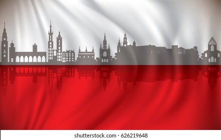Flag of Poland with Krakow skyline - vector illustration