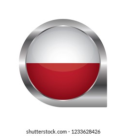 Flag of Poland, location map pin, pointer flag, button with the reflection of light and shadow, silver frame, Icon country. Realistic vector illustration on white background.