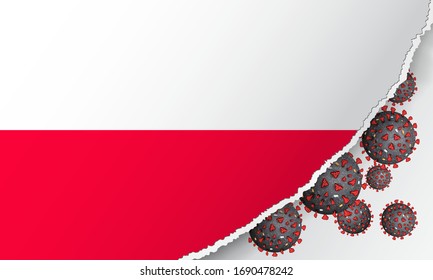 Flag of Poland with outbreak deadly coronavirus covid-19. Banner with the spread of Coronavirus 2019-nCoV. A large bacteriums against background of the national flag. Concept of coronavirus quarantine