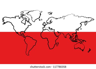 The flag of Poland with the outline of the world