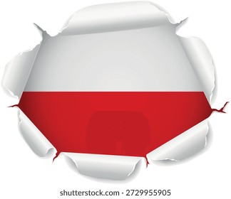 Flag of Poland. Flag Revealed Through Torn Paper Hole with Realistic Curled Edges over a transparent background. The ripped edges curl outward with realistic shadows and depth, creating a striking reveal effect