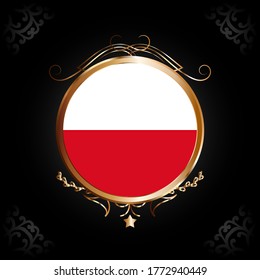 Bandera del icono redondo de Polonia con marco circular dorado, insignia o botón. Símbolo nacional de Polonia. Ilustración vectorial.