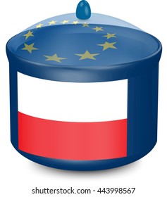Flag of Poland. Saucepan with a translucent cover. The symbol of the European Union. 3D illustration isolated on white background.