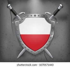 Flag of Poland. The Shield with National Flag. Two Crossed Swords. Vector Medieval Background