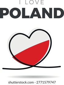 Flag of Poland. Stylized heart-shaped framed design. A continuous black line that loops to form the heart's silhouette, adding a minimalist and artistic touch. Love and patriotism for the culture