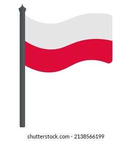 Bandera de Polonia. Ilustración vectorial. La tela está decorada con dos rayas. El símbolo nacional del estado se desarrolla en el viento. Estilo plano. Fondo aislado. Temas políticos. 