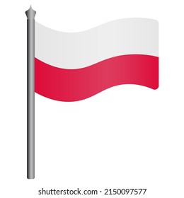 Flag of Poland. Vector illustration. The fabric is decorated with two stripes. The national symbol of the state develops in the wind. Flat style. Isolated background. Political themes. 