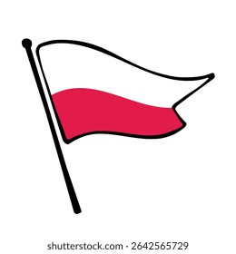 Flag of Poland. Poland flag vector illustration icon design in the hand-drawn style. Fluttering flagpole flag.