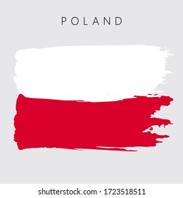 Flag of Poland. Vector illustration on gray background. National flag with two colors: white and red. Beautiful brush strokes. Abstract concept. Elements for design. Painted texture.