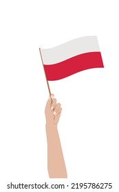 Flag of Poland. Vector illustration of raising hand with polish Flag. National Independence Day.