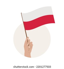 Bandera de Polonia. Ilustración vectorial de levantar la mano con la bandera polaca. Día de la Independencia Nacional.