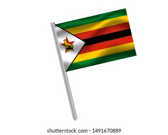 Flag pole isolated on white background with Beautiful national flag of African Zimbabwe, with emblem eagle bird. original color and proportion. Simply vector illustration, from countries flag set