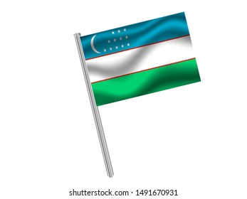 Flag pole isolated on white background with Beautiful national flag of Republic of Uzbekistan, original colors and proportion. Simply vector illustration eps10, from countries flag set.