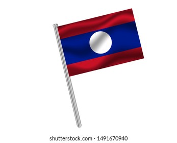 Flag pole isolated on white background with National flag of Lao Peoples Democratic Republic . original colors and proportion. Simply vector illustration, from countries flag set.