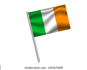 Flag pole isolated on white background with National flag of Ireland . original colors and proportion. Simply vector illustration, from countries flag set.