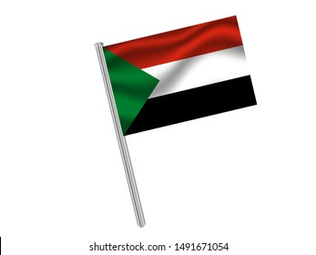 Flag pole isolated on white background with Beautiful national flag of Republic of the Sudan. original colors and proportion. Simply vector illustration eps10, from countries flag set.