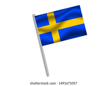 Flag pole isolated on white background with Beautiful national flag of Kingdom of Sweden. original colors and proportion. Simply vector illustration eps10, from countries flag set.