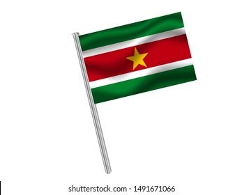 Flag pole isolated on white background with Beautiful national flag of Republic of Suriname. original colors and proportion. Simply vector illustration eps10, from countries flag set.