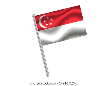 Flag pole isolated on white background with Beautiful national flag of Republic of Singapore. original colors and proportion. Simply vector illustration eps10, from countries flag set.