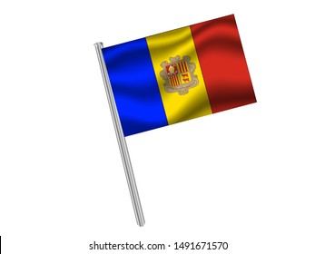 Flag pole isolated on white background with National flag of Principality of Andorra . original colors and proportion. Simply vector illustration, from countries flag set.