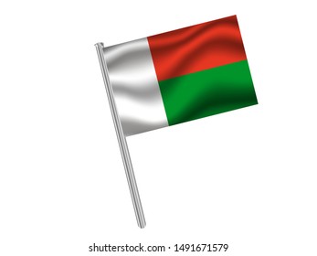 Flag pole isolated on white background with National flag of Republic of Madagascar. original colors and proportion. Simply vector illustration, from countries flag set.