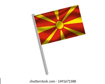 Flag pole isolated on white background with National flag of Republic of North Macedonia. original colors and proportion. Simply vector illustration, from countries flag set.