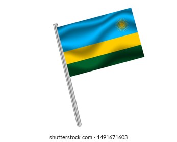 Flag pole isolated on white background with Beautiful national flag of Republic of Rwanda . original colors and proportion. Simply vector illustration eps10, from countries flag set.