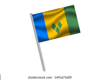 Flag pole isolated on white background with Beautiful national flag of Saint Vincent and Grenadines. original colors and proportion. Simply vector illustration eps10, from countries flag set.