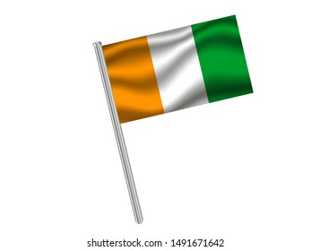 Flag pole isolated on white background with National flag of Republic of Cote Divoire know as ivory coast. original colors and proportion. Simply vector illustration, from countries flag set.