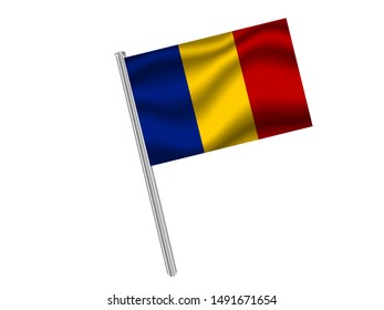 Flag pole isolated on white background with Beautiful national flag of Romania . original colors and proportion. Simply vector illustration eps10, from countries flag set.