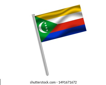 Flag pole isolated on white background with National flag of Comoros Islands . original colors and proportion. Simply vector illustration, from countries flag set.
