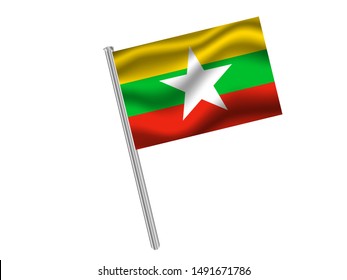 Flag pole isolated on white background with National flag of Republic of the Union of Myanmar. original colors and proportion. Simply vector illustration eps10, from countries flag set.
