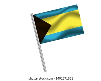 Flag pole isolated on white background with National flag of Commonwealth of Bahamas . original colors and proportion. Simply vector illustration, from countries flag set.