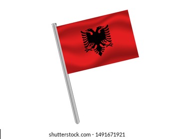 Flag pole isolated on white background with National flag of Republic of Albania. original colors and proportion. Simply vector illustration, from countries flag set.