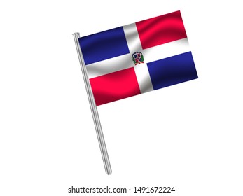 Flag pole isolated on white background with National flag of Dominican Republic. original colors and proportion. Simply vector illustration, from countries flag set.