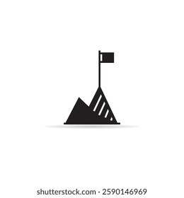 flag pole on mountain icon with shadow on white background