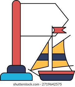 A flag pole and a sailboat are drawn in black and white. The flagpole is tall and the sailboat is small