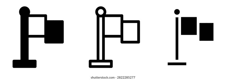 Flag pole vector icon set. Flagpole marker, milestone goal, location sign, national banner, and achievement destination line art illustration.