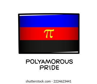 Flag des polyamorosen Stolzes. Ein farbiges Logo einer der LGBT-Flaggen. Blaue, rote und schwarze Pinselstriche, handgezeichnet. Schwarzer Umriss. Sexuelle Identifikation.