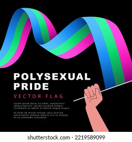 La bandera del orgullo polisexual en la mano de un hombre. Identificación sexual. Un colorido logo de una de las banderas LGBT. Ilustración del vector